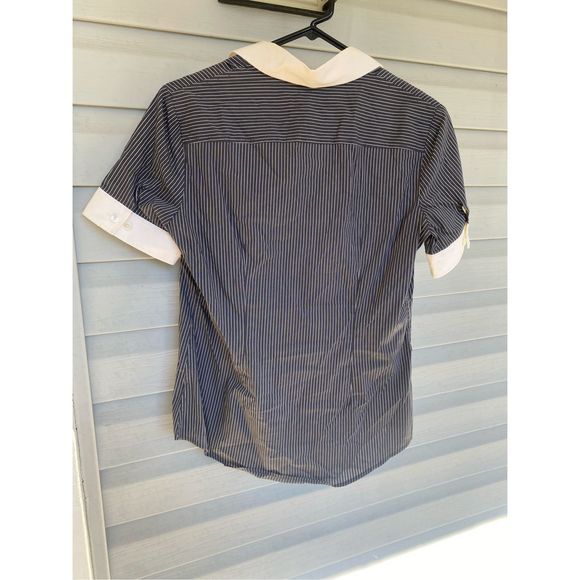 Theory Adele C Chopstick Black White Stripe Polo Cotton Blouse, Size Medium - Picture 5 of 8